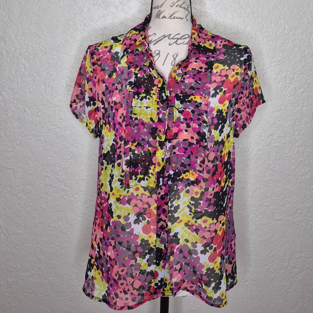 Worthington Womens Pink Yellow Floral Ruffle Front Button Up Blouse Medium